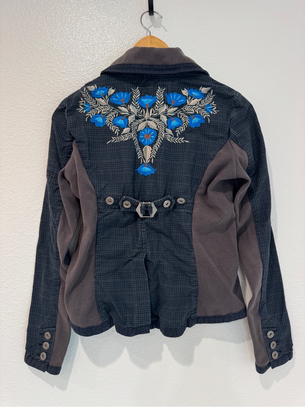 Vintage Y2K Free People Dark Academia Floral Embroidered Plaid Jacket Blue 6